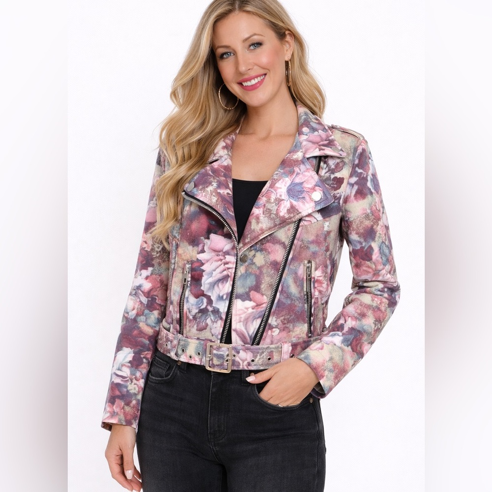 Floral Suede Belted Moto Jacket Watercolor Print Medium